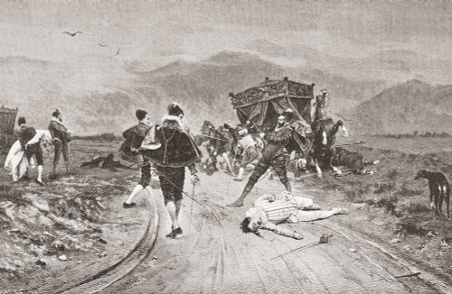 An attack on a coach, mid 17th century.  From La Ilustracion Artistica, published 1887. Poster Print by Ken Welsh (17 x 11)