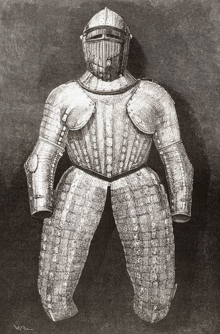 Suit of armour which belonged to Christopher Columbus. Christopher Columbus, c. 1451 - 1506. Italian explorer, navigator, and colonist.  From La Ilustracion Artistica, published 1887. Poster Print by Ken Welsh (11 x 17)