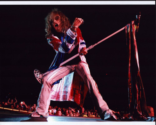 Steven Tyler Holding Microphone Stand In Striped Pants Photo Print