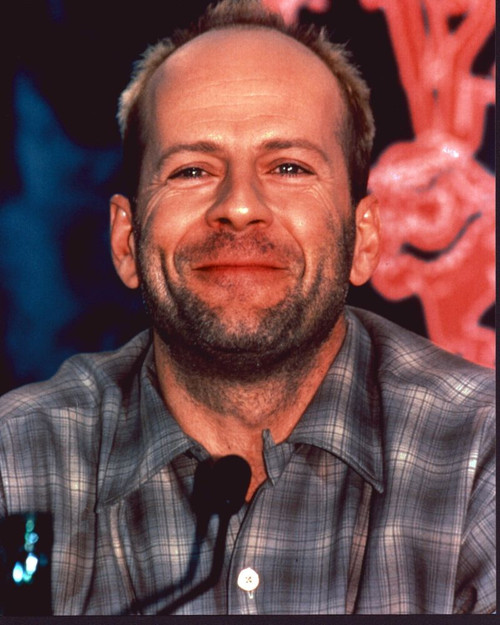 Bruce Willis In Gray Plaid Shirt In Front Of Microphone Photo Print (8 x 10)