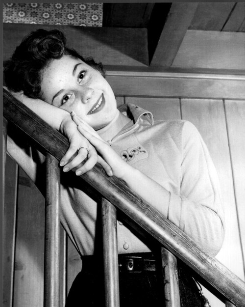 Sherry Jackson Leaning On Stair Railing Black And White Photo Print (8 x 10)