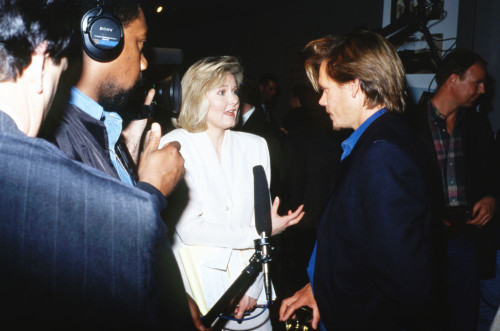 American actor and musician Kevin Bacon being interviewed at The Normal Heart AIDS Benefit at Criterion Center New York, April 16, 1993. Photo: Oscar Abolafia (kevinbacon002) Poster