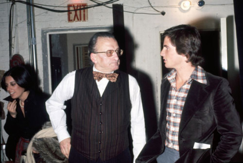 Actors George C. Scott and Tom Cruise, from 1981 movie Taps, in conversation at event, 1980s. Photo: Oscar Abolafia (georgecscott_tomcruise001) Poster