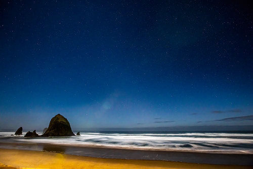 USA- Oregon. Cannon Beach and Haystack Rock stars showing during blue light. Poster Print - Darrell Gulin