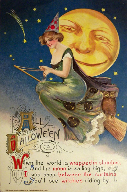 Halloween Witch Greendress Moon.tif Poster Print - Apple Collection Vintage