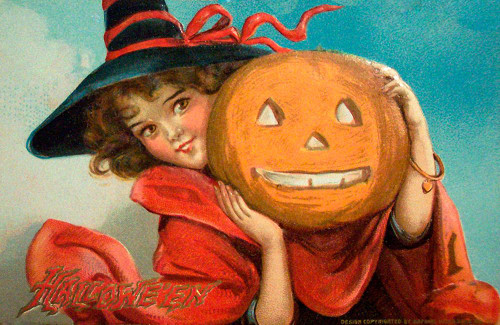 Halloween Girl Blue Sky Pumpkin.tif Poster Print - Apple Collection Vintage