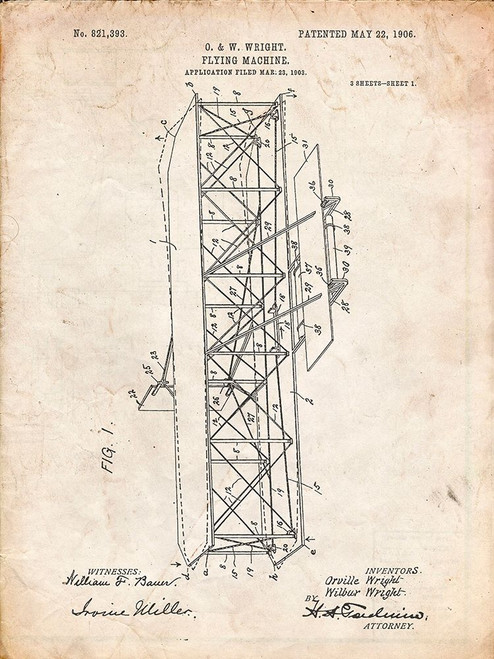 PP288-Vintage Parchment Wright Brothers Flying Machine Patent Poster Poster Print - Cole Borders