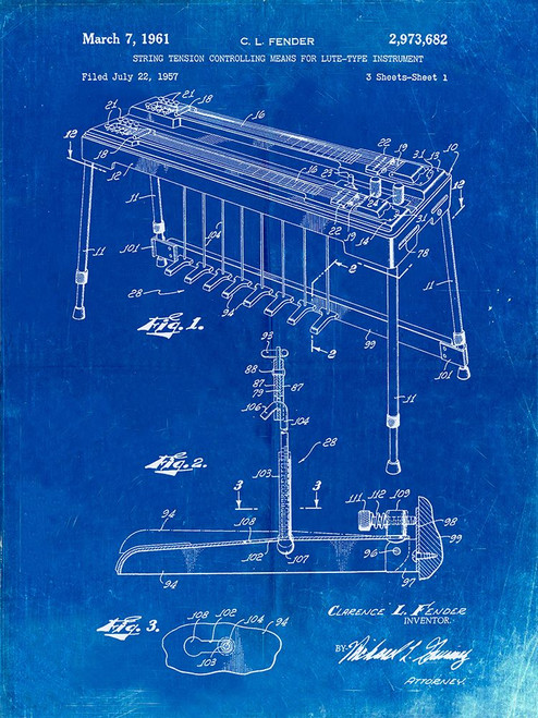 PP281-Faded Blueprint Fender Pedal Steel Guitar Patent Poster Poster Print - Cole Borders