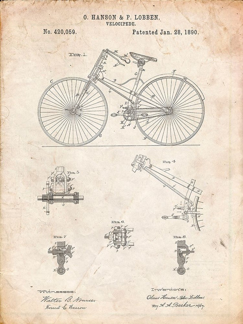 PP248-Vintage Parchment Bicycle 1890 Patent Poster Poster Print - Cole Borders PP248-Vintage Parchment Bicycle 1890 Patent Poster Poster Print - Cole Borders