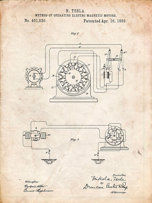 PP264-Vintage Parchment Tesla Operating Electric Motors Map Poster Poster Print - Cole Borders