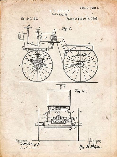 PP243-Vintage Parchment Motor Buggy 1895 Patent Print Poster Print - Cole Borders