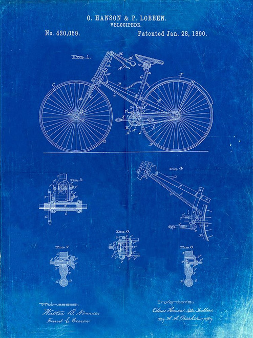 PP248-Faded Blueprint Bicycle 1890 Patent Poster Poster Print - Cole Borders