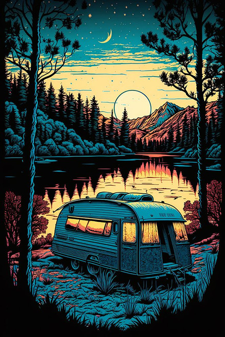 Silkscreen Camper On The Lake 16 Poster Print - Ray Heere