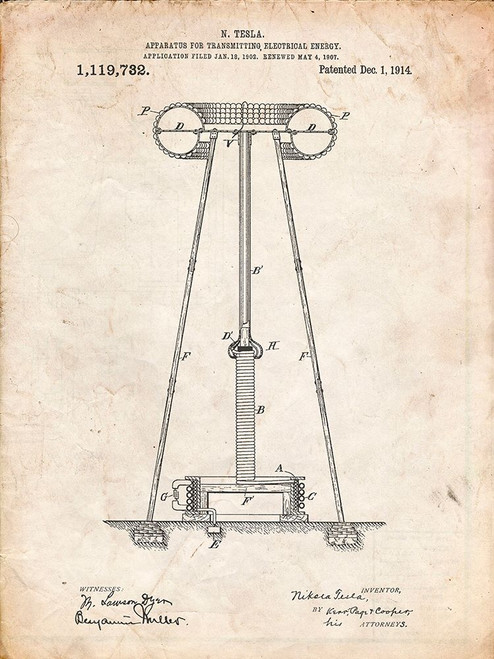 PP241-Vintage Parchment Tesla Energy Transmitter Patent Poster Poster Print - Cole Borders