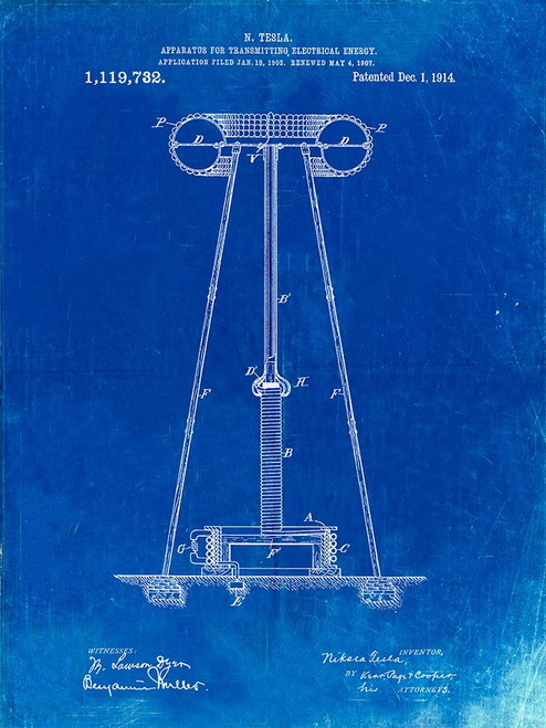 PP241-Faded Blueprint Tesla Energy Transmitter Patent Poster Poster Print - Cole Borders PP241-Faded Blueprint Tesla Energy Transmitter Patent Poster Poster Print - Cole Borders