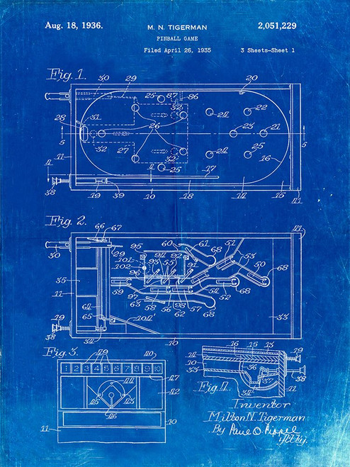 PP79-Faded Blueprint Pin Ball Machine Patent Poster Poster Print - Cole Borders