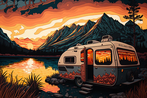 Silkscreen Camper On The Lake 1 Poster Print - Ray Heere
