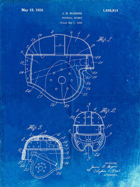PP218-Faded Blueprint Football Helmet 1925 Patent Poster Poster Print - Cole Borders