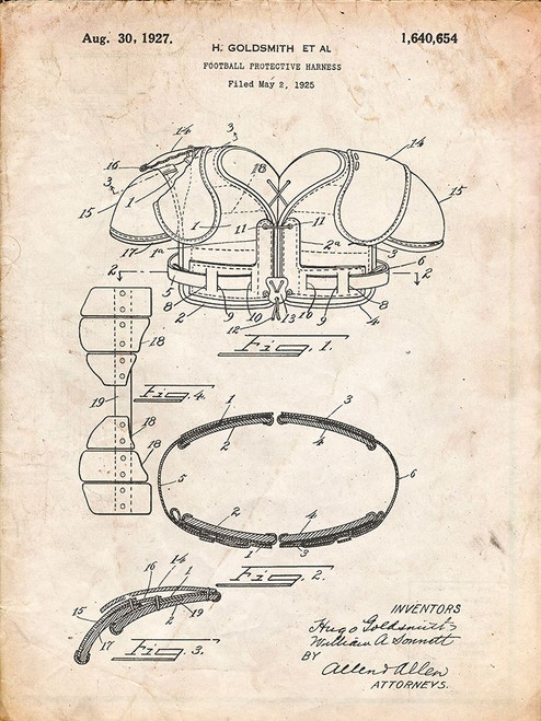 PP219-Vintage Parchment Football Shoulder Pads 1925 Patent Poster Poster Print - Cole Borders