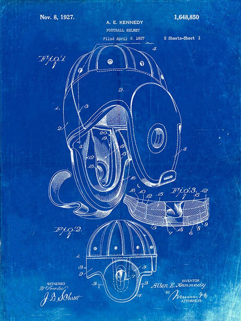 PP73-Faded Blueprint Football Leather Helmet 1927 Patent Poster Poster Print - Cole Borders