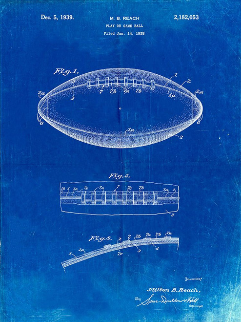 PP71-Faded Blueprint Football Game Ball Patent Poster Print - Cole Borders