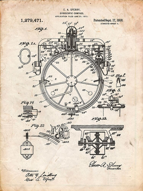 PP67-Vintage Parchment Gyrocompass Patent Poster Poster Print - Cole Borders
