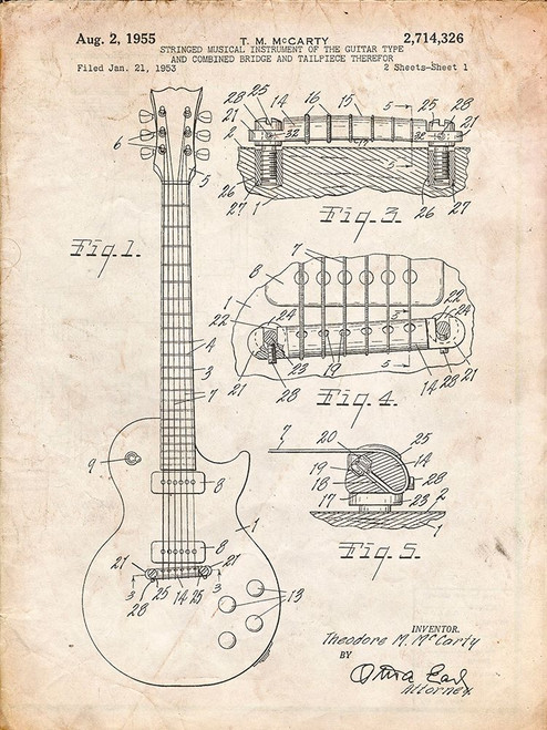 PP47-Vintage Parchment Gibson Les Paul Guitar Patent Poster Poster Print - Cole Borders