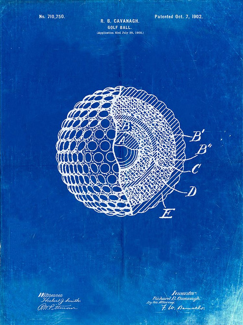 PP42-Faded Blueprint Golf Ball 1902 Patent Poster Poster Print - Cole Borders