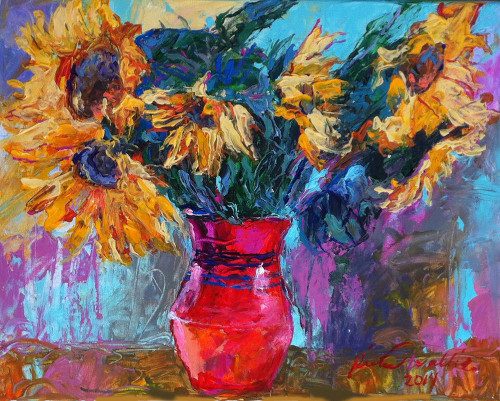 Sunflowers In Red Vase Poster Print - Richard Wallich