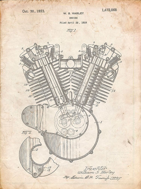 PP24-Vintage Parchment Harley Davidson Engine 1919 Patent Poster Poster Print - Cole Borders