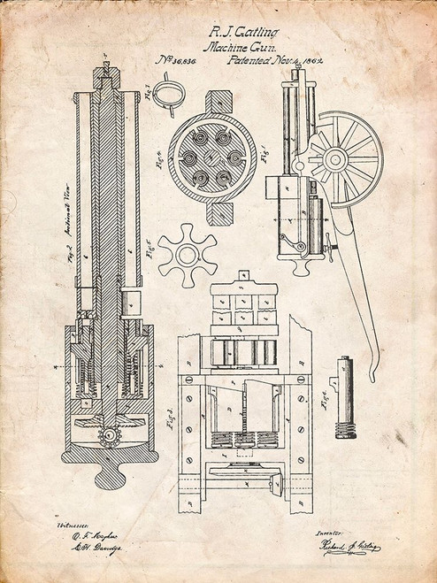 PP23-Vintage Parchment Gatling Gun Patent Poster Poster Print - Cole Borders PP23-Vintage Parchment Gatling Gun Patent Poster Poster Print - Cole Borders