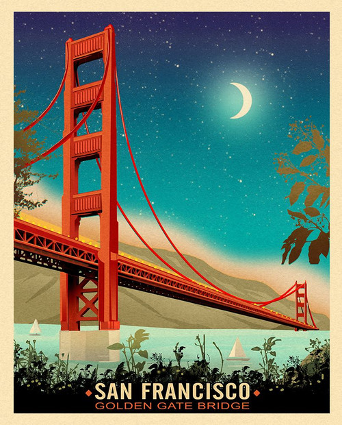 Golden Gate Bridge Night Poster Print - Red Truck Old