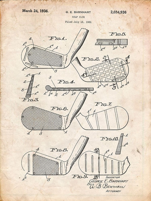 PP4-Vintage Parchment Golf Club Faces Patent Poster Poster Print - Cole Borders