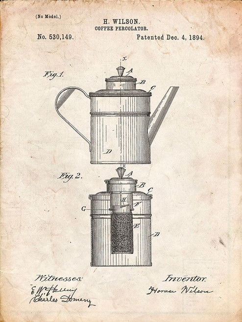 PP27-Vintage Parchment Coffee 2 Part Percolator 1894 Patent Poster Poster Print - Cole Borders