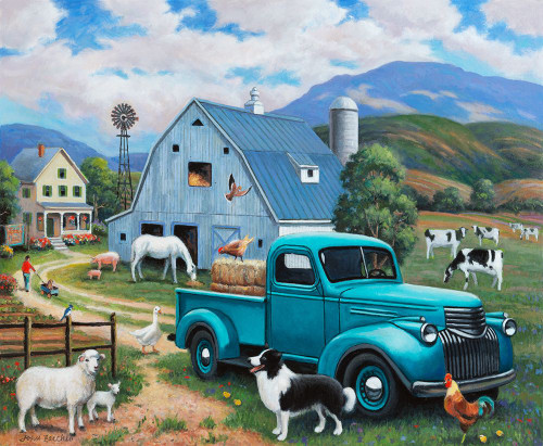 Down at the Farm with a Blue Truck Poster Print - John Zaccheo
