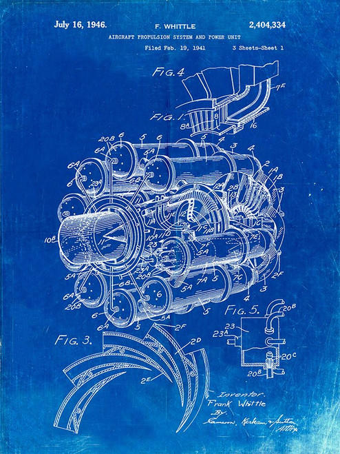 PP14-Faded Blueprint Jet Engine Patent Poster Poster Print - Cole Borders