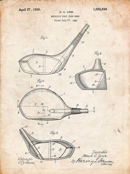 PP9-Vintage Parchment Golf Driver 1925 Patent Poster Poster Print - Cole Borders