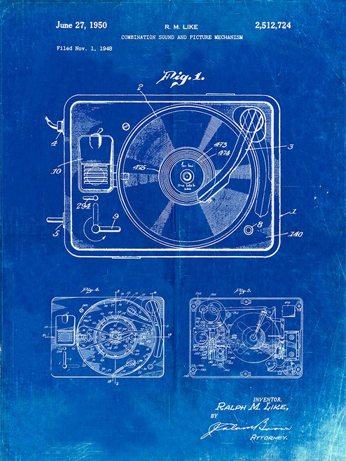 PP1009-Faded Blueprint Record Player Patent Poster Poster Print - Cole Borders