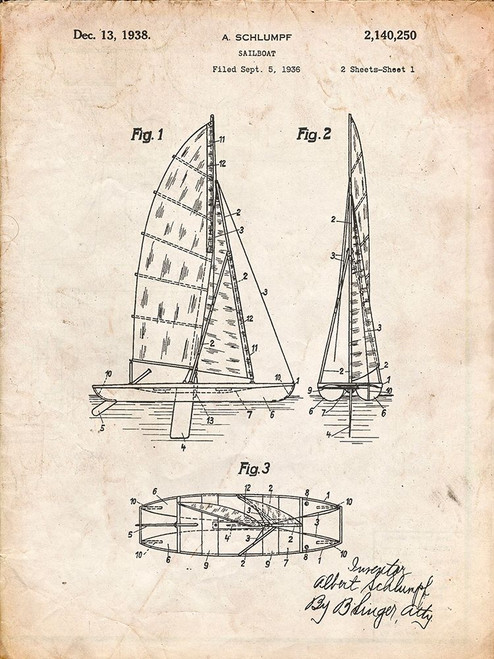 PP769-Vintage Parchment Collapsable Sailboat Poster Poster Print - Cole Borders