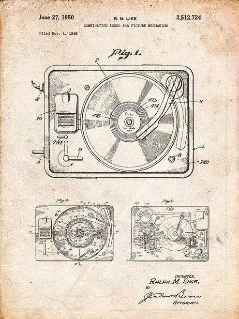 PP1009-Vintage Parchment Record Player Patent Poster Poster Print - Cole Borders