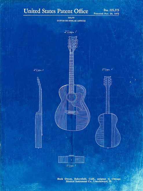PP306-Faded Blueprint Buck Owens American Guitar Patent Poster Poster Print - Cole Borders