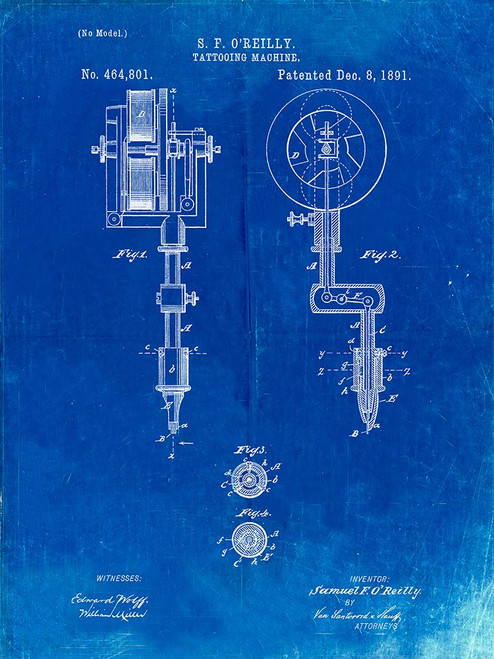 PP308-Faded Blueprint Tattooing Machine Patent Poster Poster Print - Cole Borders