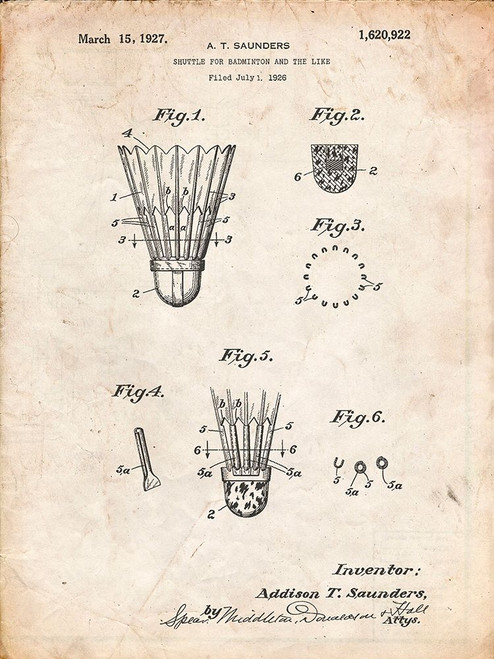 PP345-Vintage Parchment Vintage Badminton Shuttle Patent Poster Poster Print - Cole Borders