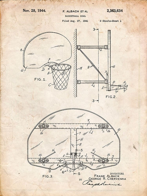 PP381-Vintage Parchment Basketball Goal Patent Print Poster Print - Cole Borders