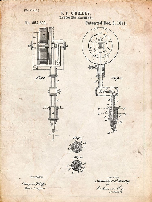 PP308-Vintage Parchment Tattooing Machine Patent Poster Poster Print - Cole Borders