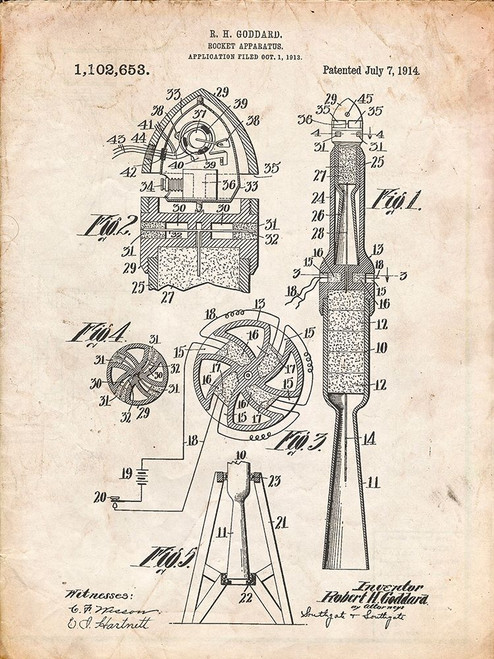 PP230-Vintage Parchment Robert Goddard Rocket Patent Poster Poster Print - Cole Borders