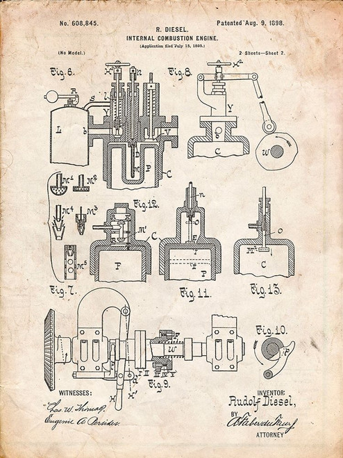 PP257-Vintage Parchment Diesel Engine 1898 Patent Poster Poster Print - Cole Borders