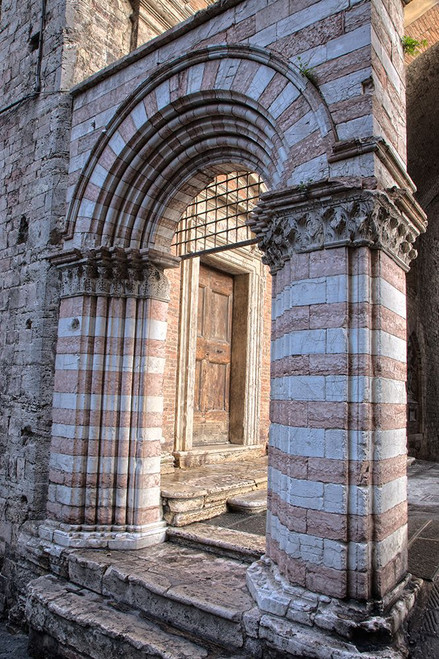 Italy- Umbria- Perugia. Striped archway near the Cathedral of San Lorenzo in Piazza IV Novembre. Poster Print - Julie Eggers