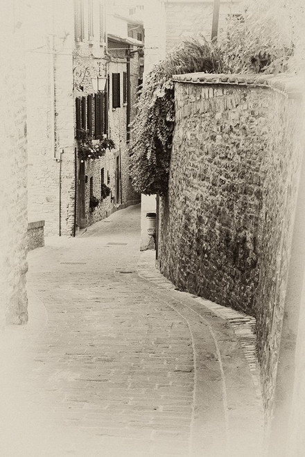 Italy- Umbria. Vintage look of a street in the historic town of Montone. Poster Print - Julie Eggers