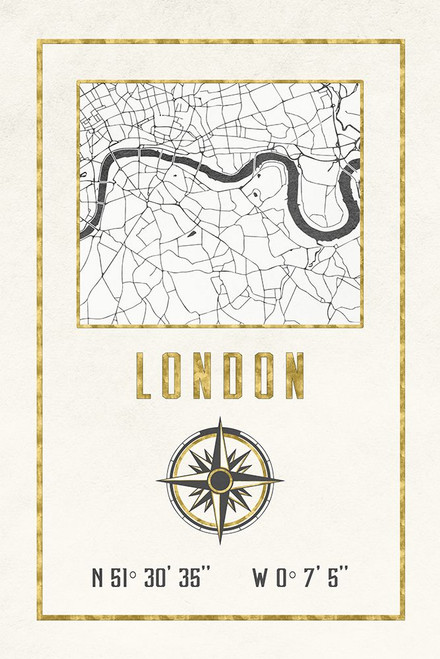 London England Map Gold Vintage Compass and Coordinates Poster Print - Magick Nature